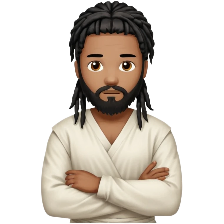 African American man with shoulder length black dreadlocks with black beard wearing a white blood stained white tunic with arms folded together across chesttunic emoji