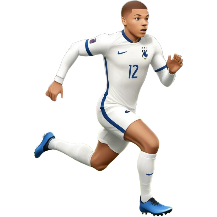 An icon showing Kylian Mbappé running with the ball on a football field during a match. The design captures his speed and focus, with dynamic motion lines and a vibrant background of the field and stadium lights. Transparent background emphasizes the action. emoji