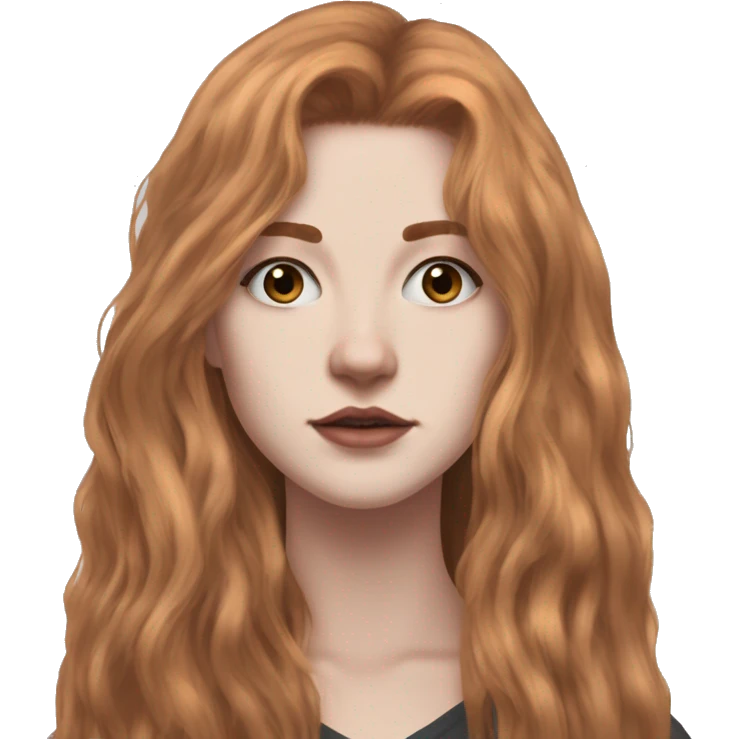 White fair skin, long hair, woman, feminine, straight hair in a wolf haircut, ginger coloured hair, grundge aesthetic, beautiful face, British, stylist, aesthetic, side bangs, front bangs emoji