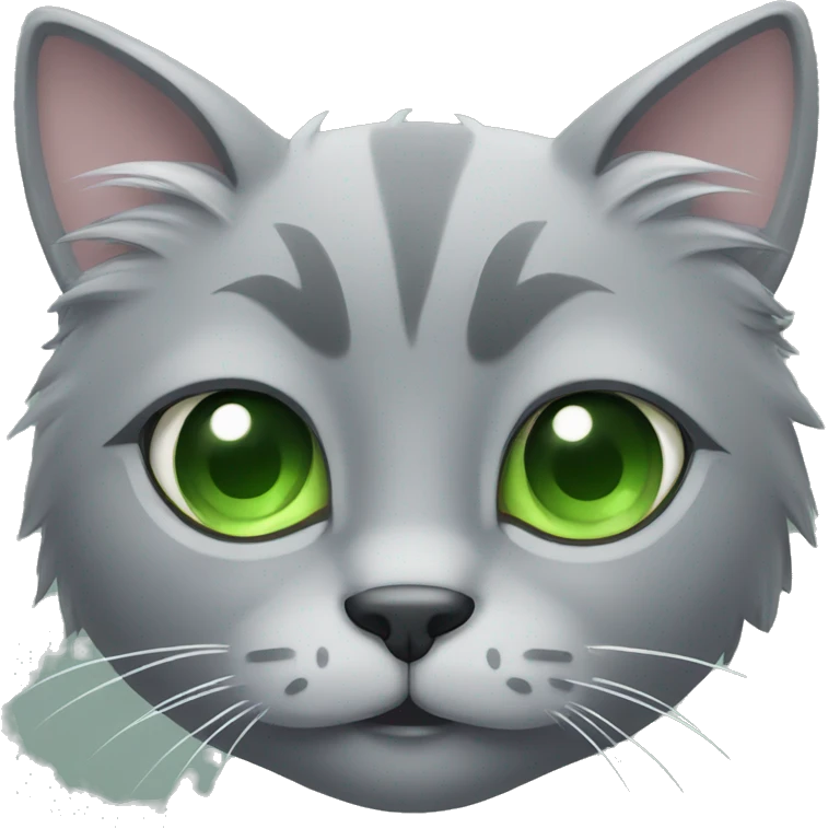Fluffy grey cats head with green eyes emoji
