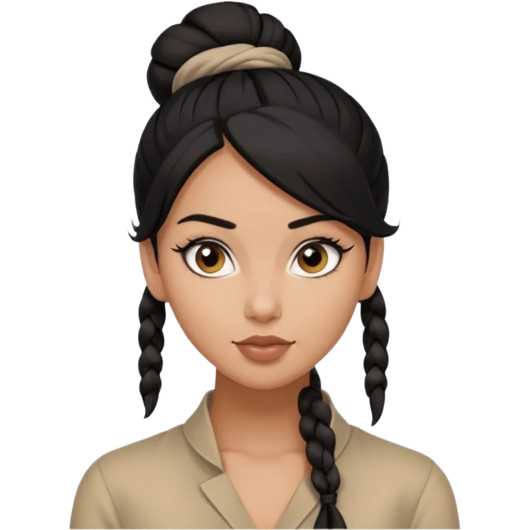 A woman in tan skin, black hair shoulder length tied in half bun, beautiful eyes and flirty gaze with masculine fashion emoji