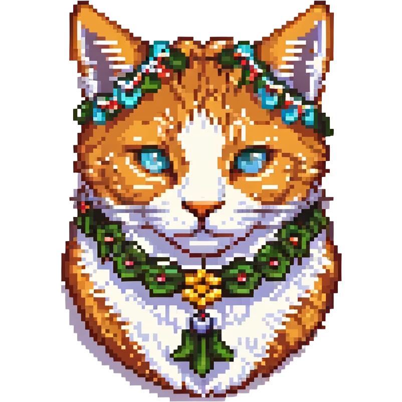 head of a ginger cat with a garland on the ears, pixel art emoji
