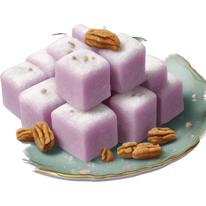 Turkish delight stacked cubes with chopped walnuts and covered with powdered sugar, on a floral porcelain plate emoji