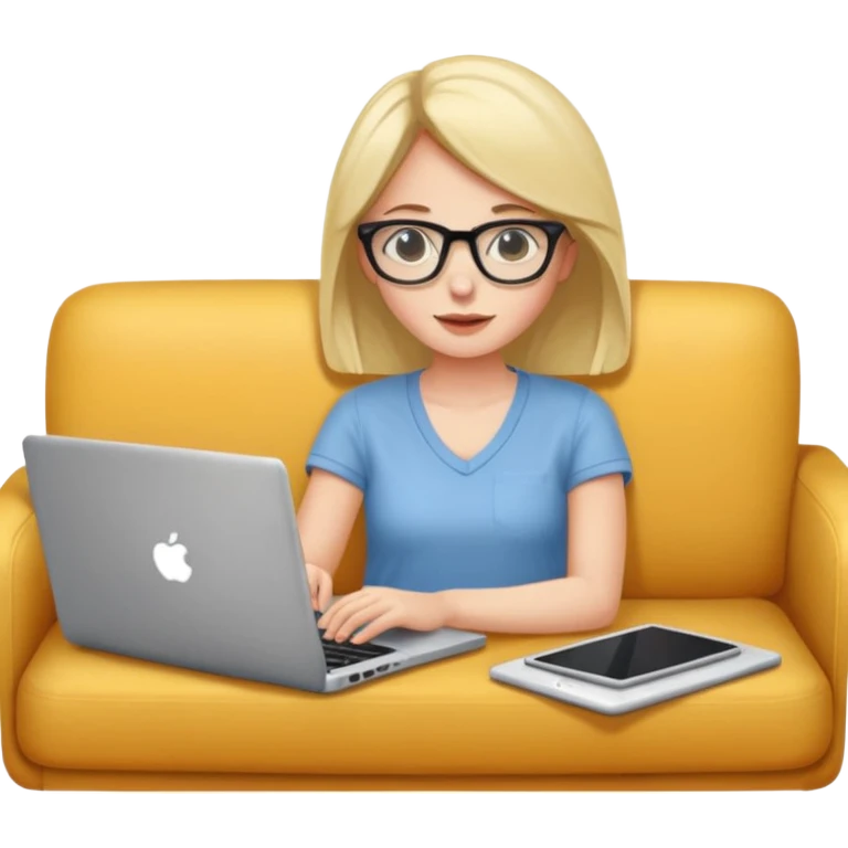 A girl is working with a laptop while lying horizontal on the sofa emoji