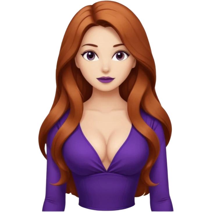 Gorgeous girl with volume auburn extra long hair cleavage dark purple top  emoji