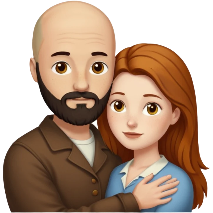 Couple. Bald man with dark brown-black beard. White woman with many small, faded freckles, she has white skin and she has auburn-yellow-brown-cinnamon, dark long hair. She has light brown eyes. The man have hazel eyes. Retro style. They hug. emoji