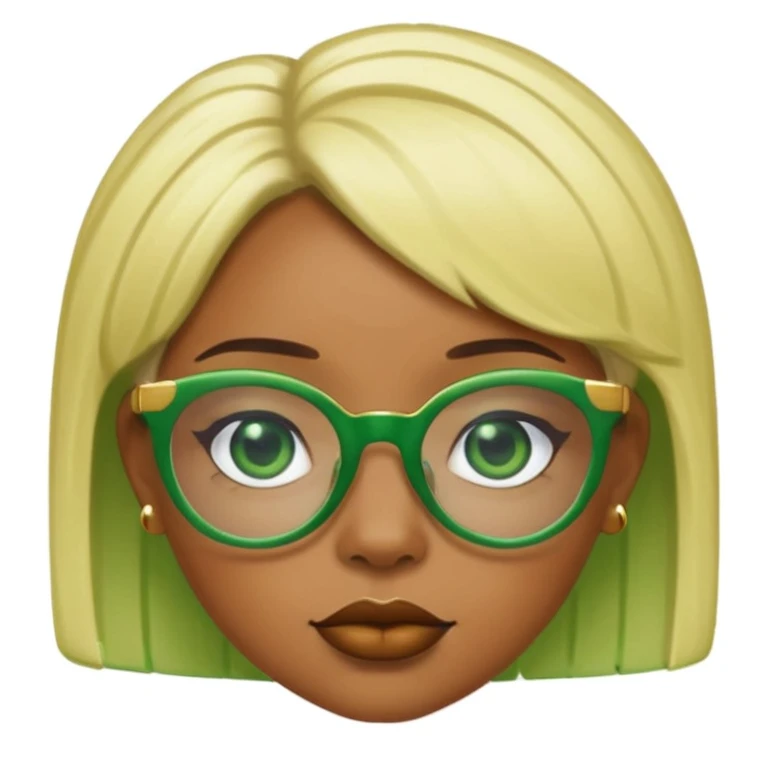 Caramel skin black woman 52 with green glasses that have gold edges and very blonde hair that’s very short but still puffy and small emoji