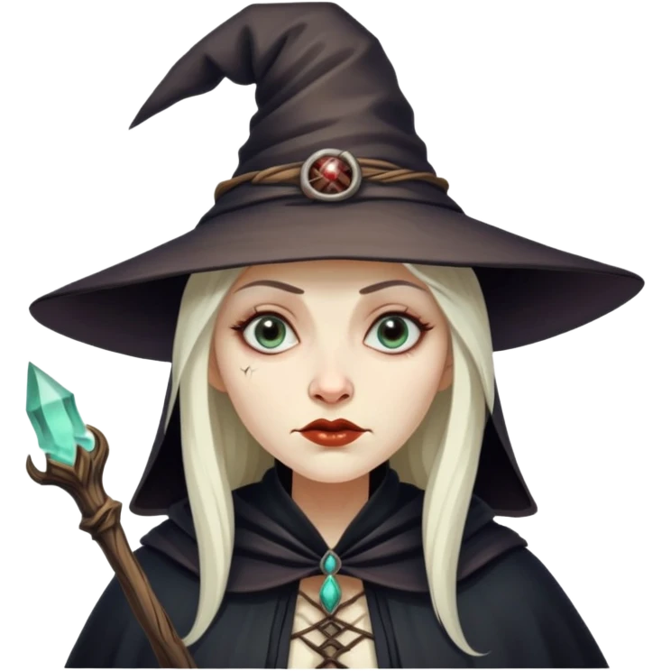 Baba Yaga sorceress woman, classic witch hat, mysterious expression emoji