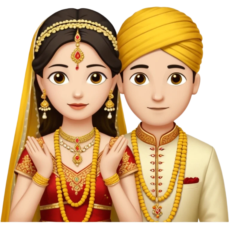 
A yellow sacred thread with two small gold pendants being tied around a bride's neck. The groom's hands are tying the knot while traditional Indian wedding elements like flowers and decorative details are visible in the background. Warm, ceremonial aesthetic. emoji