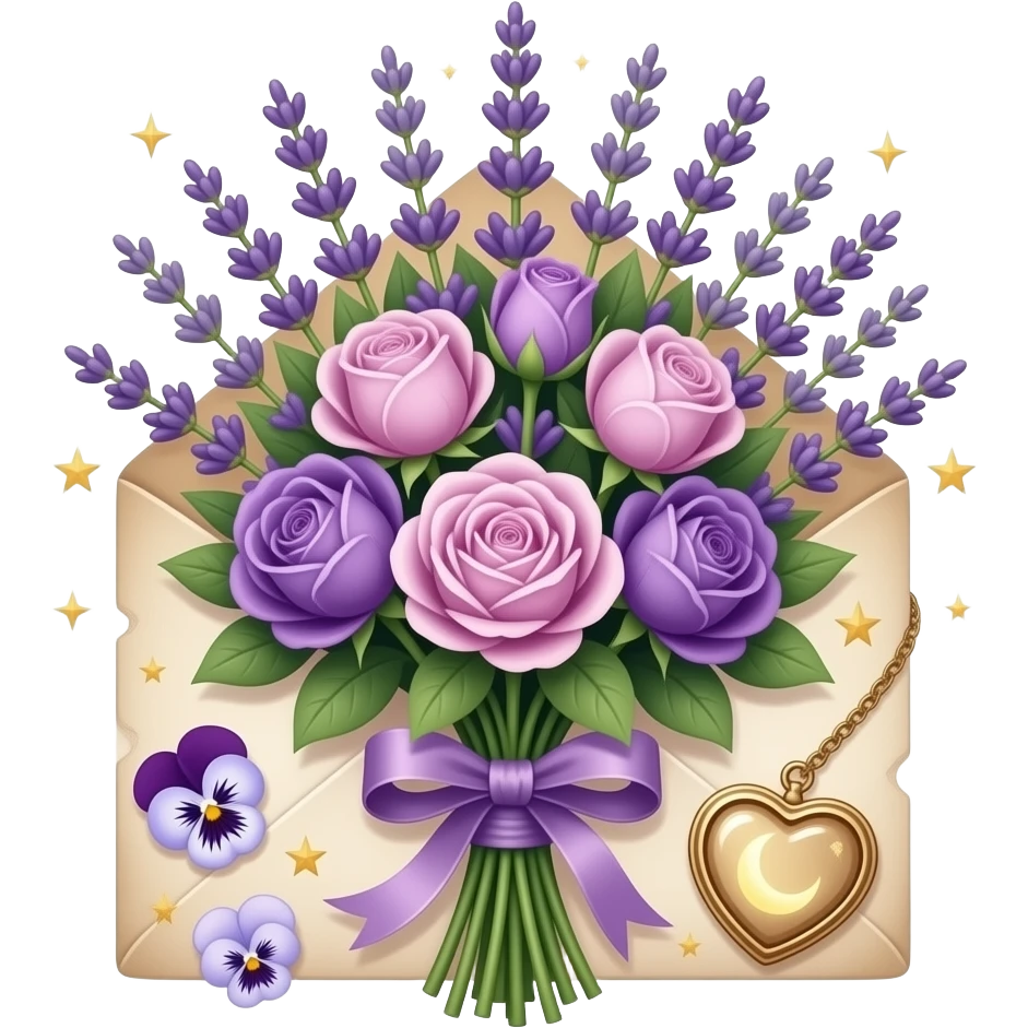 A vintage bouquet of lavender, mauve roses, and violet peonies rests on an aged love letter, tied with an amethyst ribbon. A small heart locket glows under a crescent moon, with scattered pansies and faint golden stars adding a soft, celestial romance. emoji