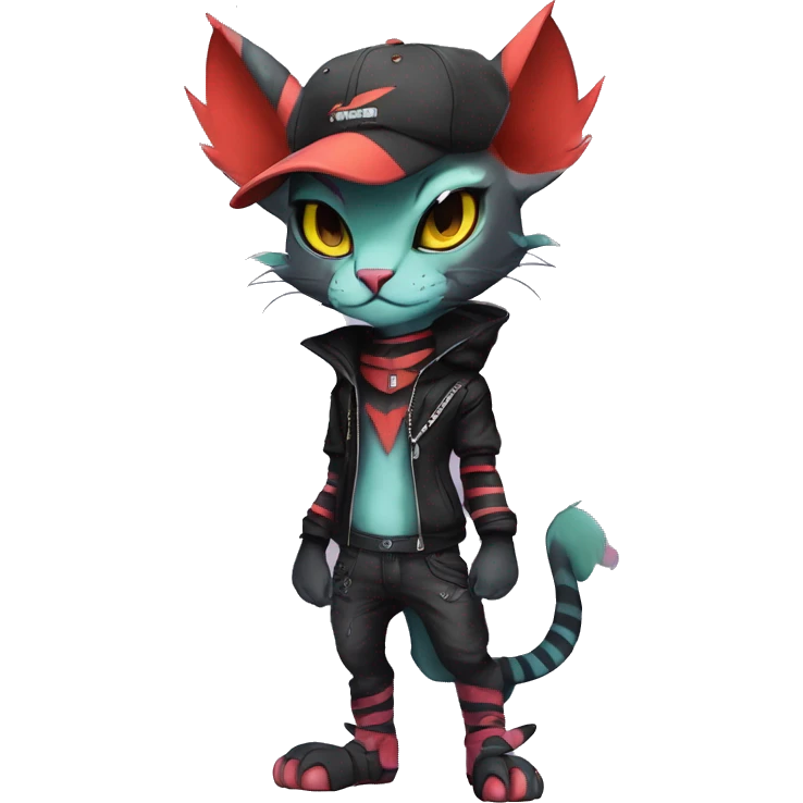 Cool Anthro Noivern-Litten-Sphynx-Pokémon with edgy stripes collar punk techwear Cap hat Full Body emoji
