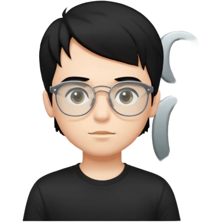 a boy wearing black t-shirts with the letters 'EDG', has fluffy short black hair and silver rectangular glasses emoji