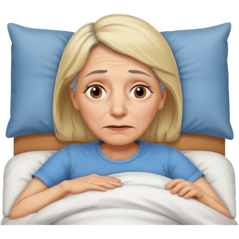 A 55-year-old woman lying in bed. She looks exhausted and desperate, with visible dark circles under her eyes, tired facial expression. emoji