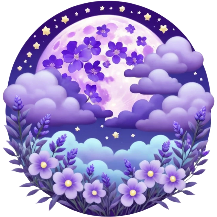 Beautiful poetic ethereal romantic magical aesthetic sparkly glittery shiny pretty floating pastel lilac lavender Violet full moon and flowers and leaves aesthetic pastel clouds scenery  emoji