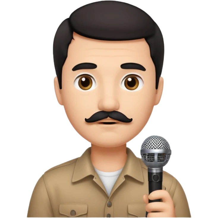 portrait of a man with mustache and short hair, emotional eyes, holding a microphone, simple and clear, no background, Apple emoji style emoji