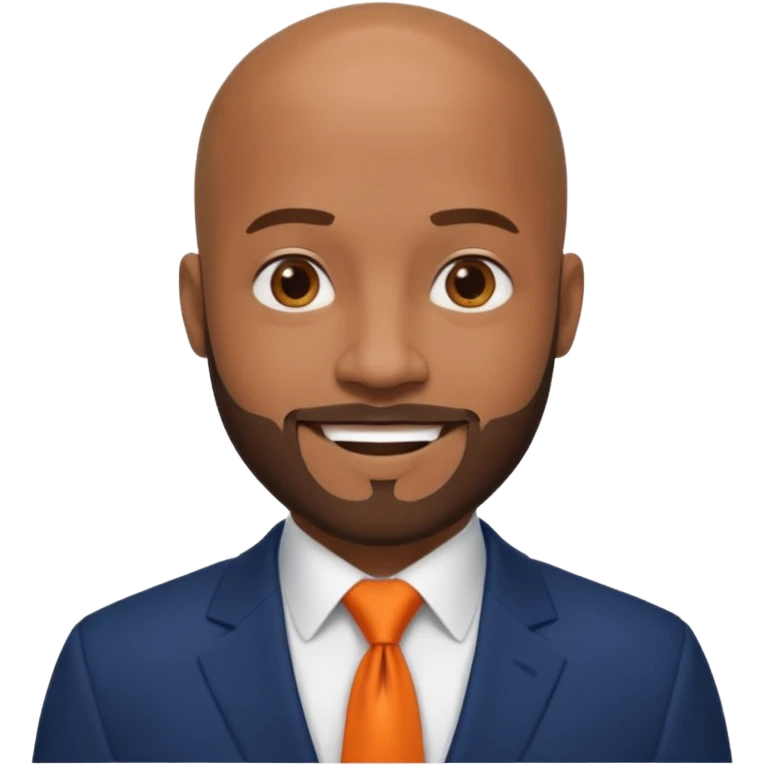 headshot of a sophisticated, stylish, bald head, smiling Caribbean black man with a beard and goatee in a navy blue suit, orange tie emoji