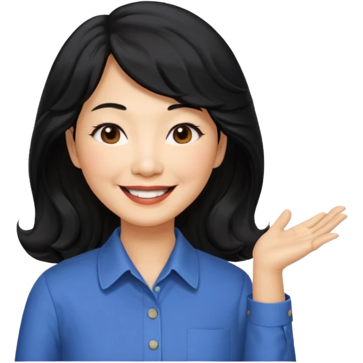 60 yr old asian woman, wavy thick black hair past shoulder length, side part, side swept bang, big smile, collared shirt, long hair emoji