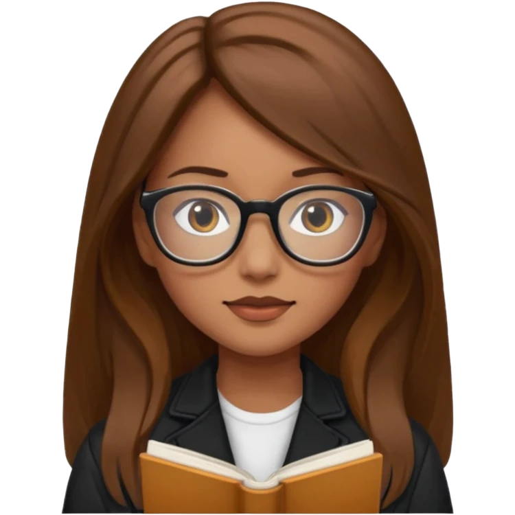 A girl with long brown hair and The leopards reading glasses and black jacket  emoji