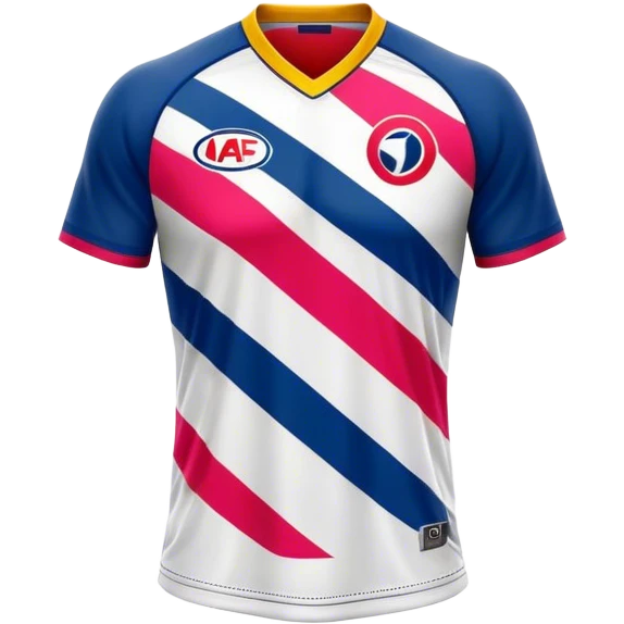 Cinematic Realistic image of an AFL jersey rendered in vibrant team colors with detailed fabric textures and dynamic creases, illuminated by bold, stadium lighting that accentuates its sporty character emoji