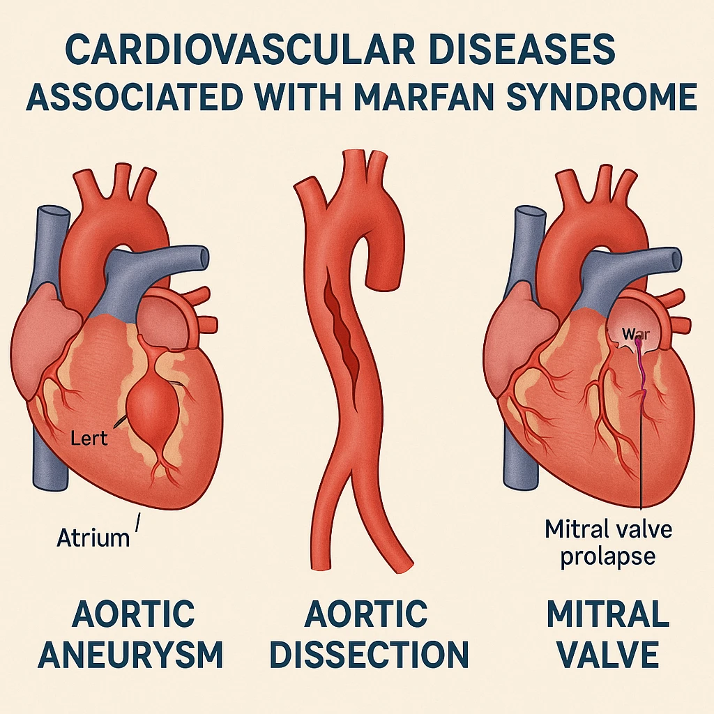 educational graphic showing cardiovascular diseases associated with Marfan syndrome, including aortic aneurysm, aortic dissection, and mitral valve prolapse, with labeled illustrations of the heart and aorta, clear and informative style, suitable for general public audience emoji