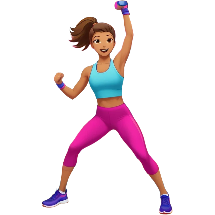 An energetic person performing an aerobics workout in a brightly lit gym, jumping and stretching with enthusiasm. The scene includes vibrant fitness equipment like dumbbells and exercise mats, with a background of cheerful, motivating colors, conveying energy and movement. emoji