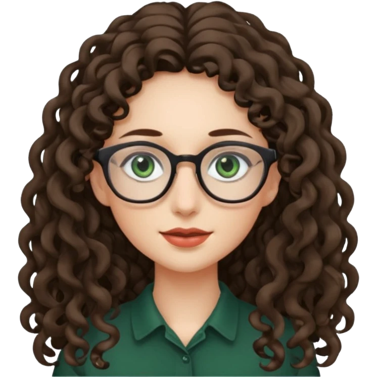 rapariga, olhos verdes escuros, cara comprida, cabelos muito compridos aos caracóis, com óculos emoji