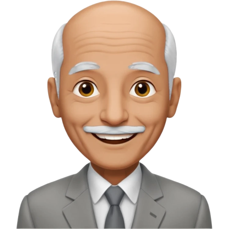 70 yr old man, almost bald, some white hair, pakistani, light grey business suit, big smile, dark brown skin, no moustache
 emoji