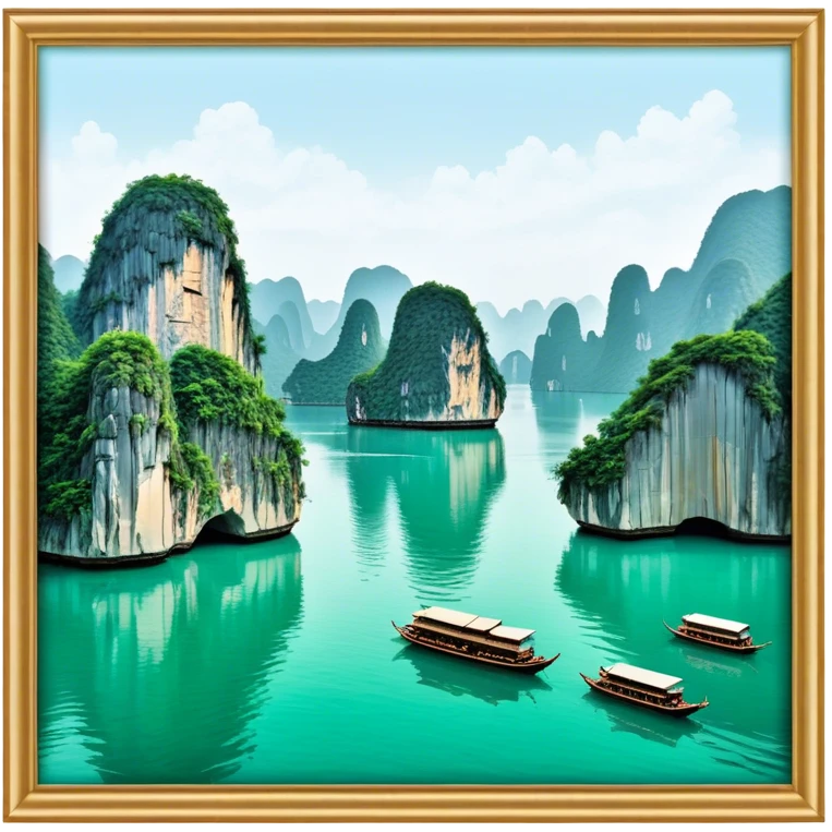 Cinematic Realistic Ha Long Bay Landscape Emoji, depicted with limestone karsts emerging from emerald waters rendered with intricate detail and dynamic natural lighting. emoji