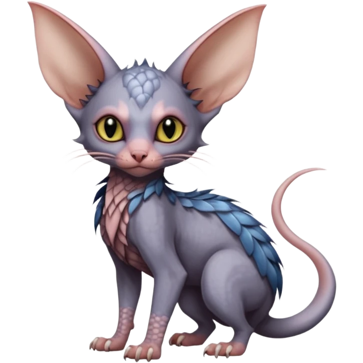 Furry, fluffy feathery scaly, Minccino-Sphynx-Lykoi-Bat-fusion-hybrid-animal-Fakémon-creature, full body, thin long sleek scaly tail, intricate markings emoji