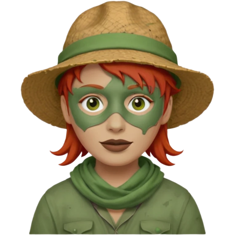 messy green full face clay mask and tourist hat red hair  emoji