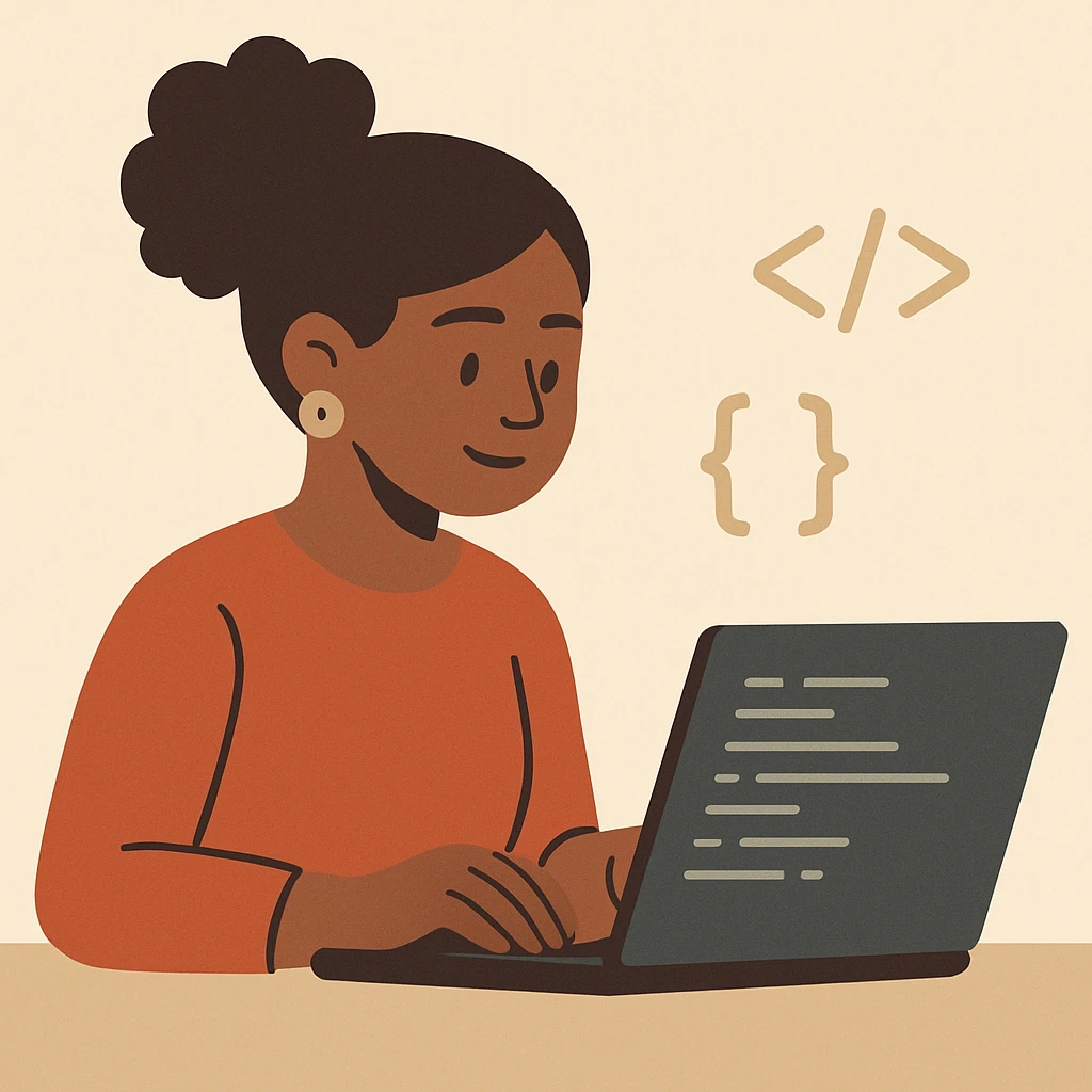flat toon style black woman coding with simple background emoji