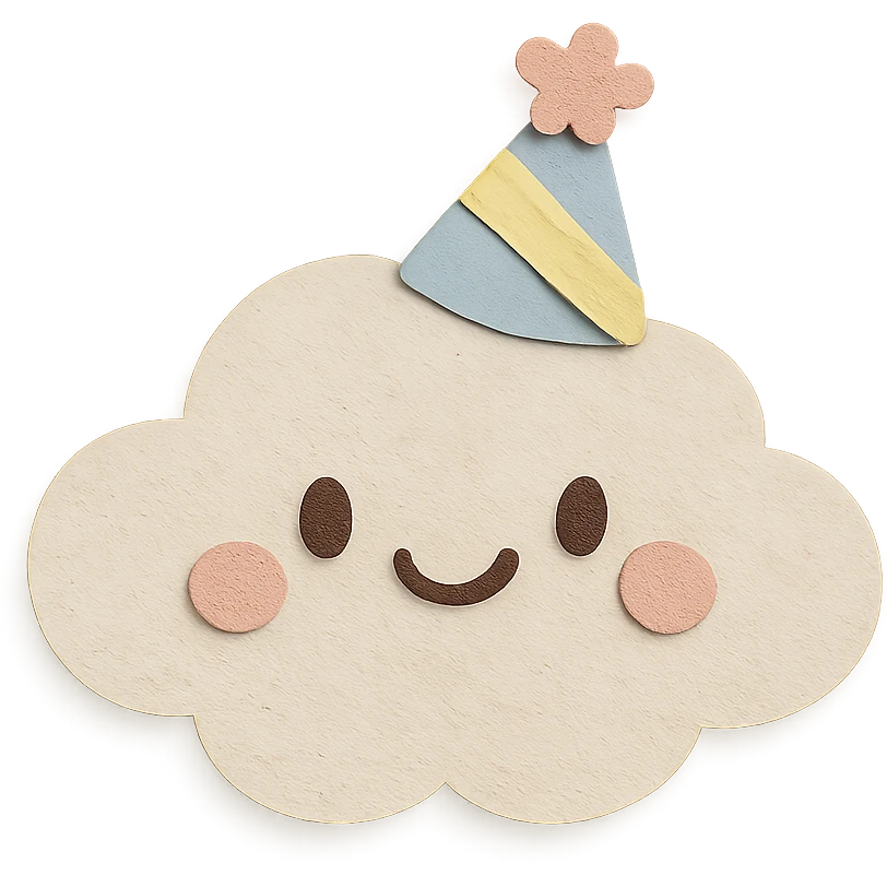 kawaii cute cloud, party hat, smiling, soft pastel palette, no arms or legs, full body, paper craft style emoji