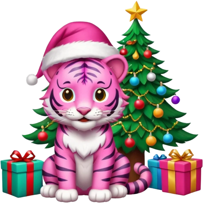 Smiling Pink tiger with Santa sitting by a brightly lit colorful Christmas tree with gifts 🎁  emoji