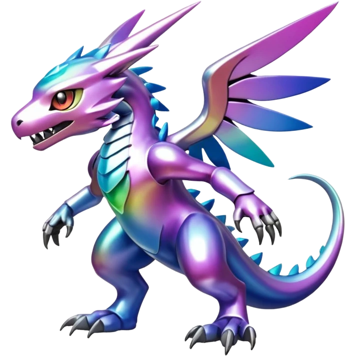 white iridescent colorful metallic alloy gradient shiny glossy Fakémon-Digimon-creature-hybrid (full body) emoji