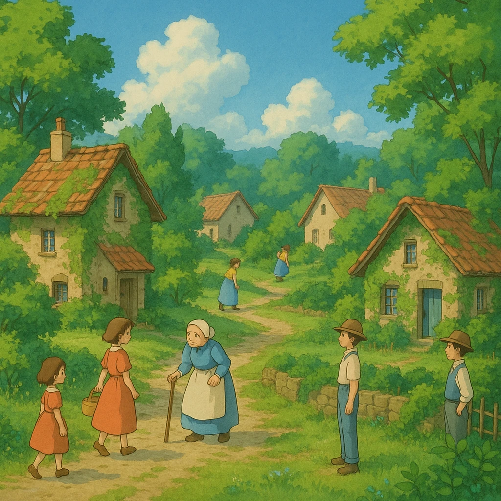 ghibli style peaceful village scene with lush greenery, villagers, and cozy homes emoji