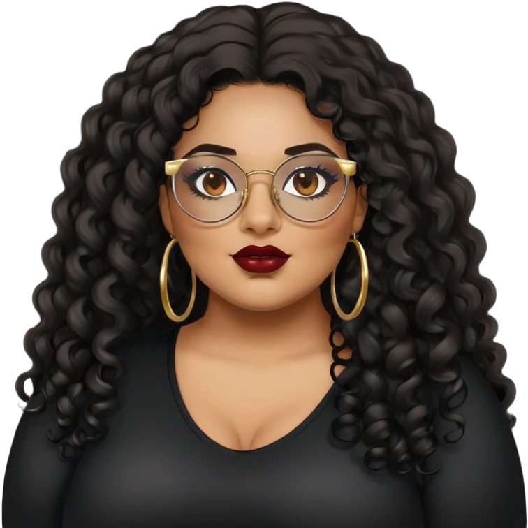 big plus size, latina, darker tan skin, gold hoops, long black curly hair, baddie,pretty, makeup, dark red lipgloss, black eyeliner, long hair, black shirt, black glasses emoji