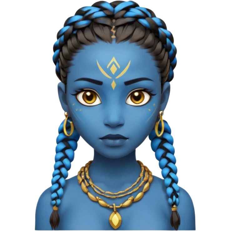 Create an icon of a Na’vi-inspired female character with glowing blue skin, braided hair, tribal forehead markings, large expressive eyes, gold earrings, and a rope necklace with a golden pendant. The expression should be calm and serious, matching the style of the movie Avatar emoji