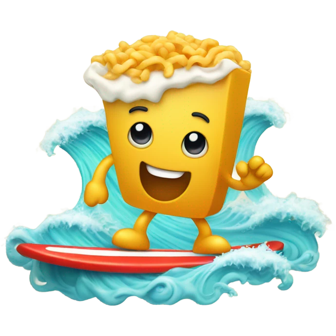Single macaroni surfing on a surf board in the ocean with waves emoji