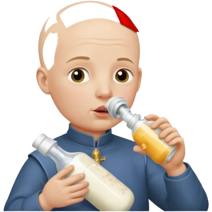Un homme avec une calvitie cheveux ras boit un biberon  avec Jeanne d’arc dans le biberon  emoji