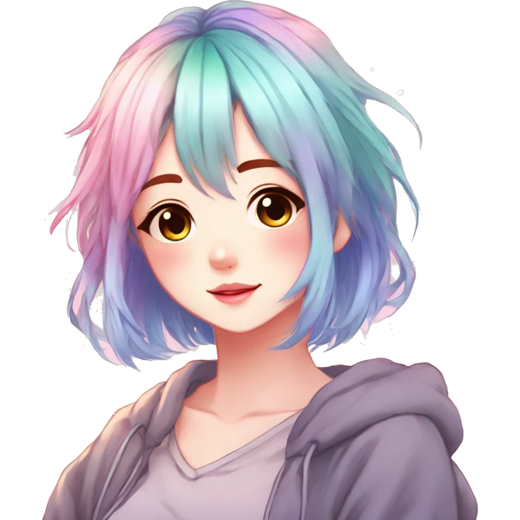 Gorgeous anime style shojo character with blushing face aesthetic and pretty colorful shiny gradient pastel hair with hair garment trending style emoji
