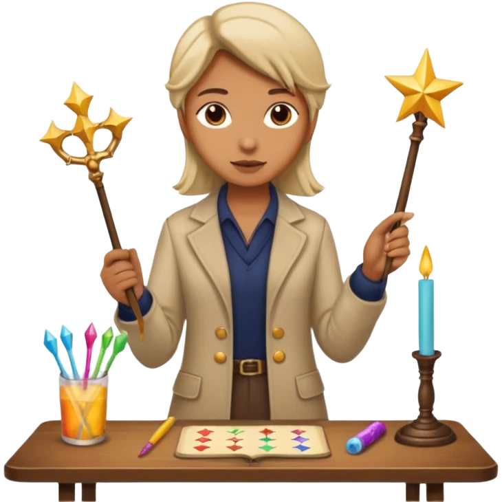 The Magician tarot card emoji inspired by Rider Waite Smith deck, figure holding wand, table with symbols, concise and colorful emoji