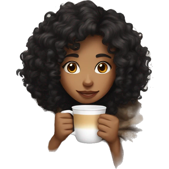 Light brown skin mid length black curly hair Girl drinking coffee, with a cozy blanket emoji