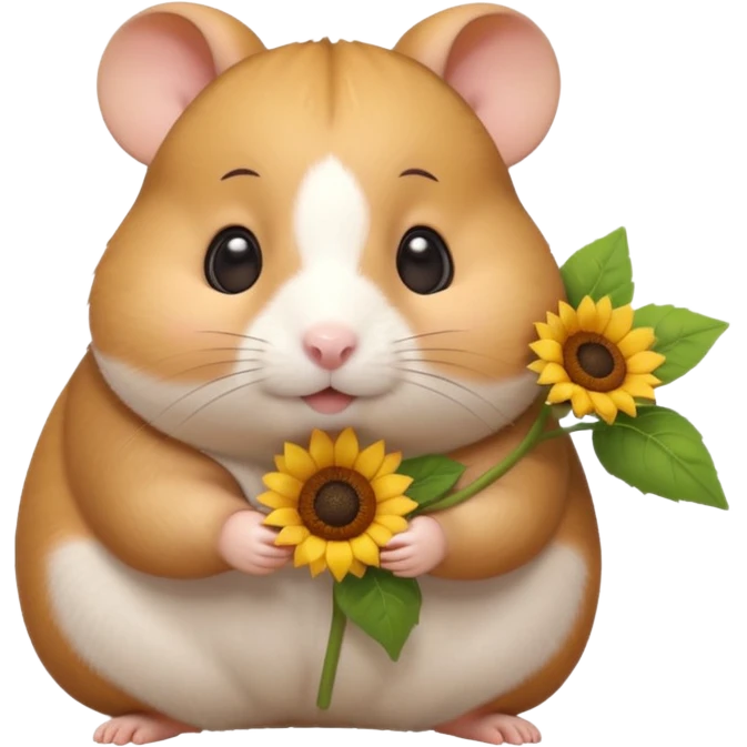 A small 3D cartoon hamster holding a sunflower seed, chubby cheeks, soft brown and white fur, bright eyes, friendly expression, soft warm lighting, Memoji-style. emoji