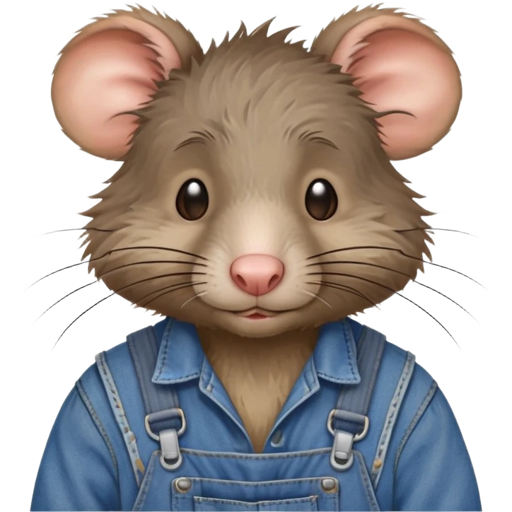 Disheveled rat wearing blue denim overalls, messy fur, looking tired and scruffy emoji