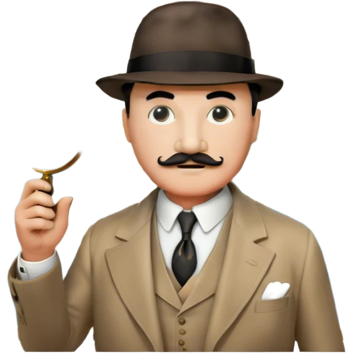 A cinematic-style frame showing Hercule Poirot in his iconic suit with a magnifying glass in a dramatic detective pose. Background should be mysterious city, map, a board with photos of suspects, clues like fingerprints. Transparent background. emoji