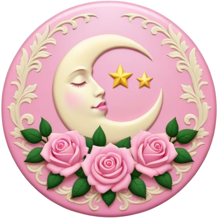 A round pink button with a cream colored damask moon and pink roses in the center emoji