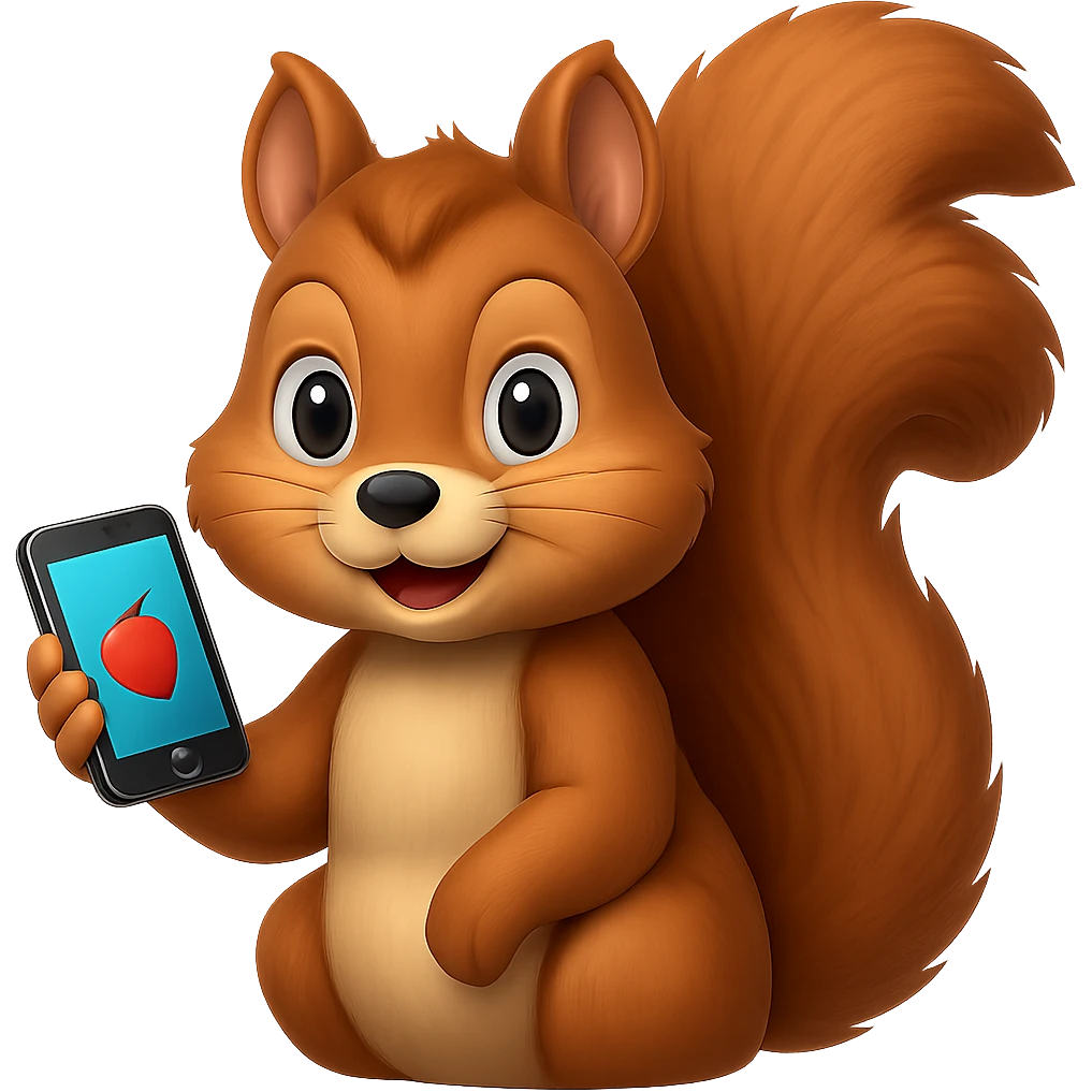 Edit this apple style emoji squirrel so it is only holding a single phone instead of two phones, remove one phone, keep the apple emoji style consistent, and remove the background. emoji