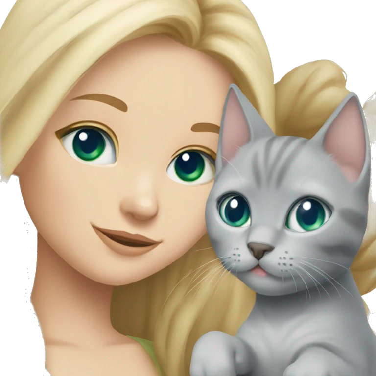blue eyes grey kitten and green eyes blonde girl are friends emoji
