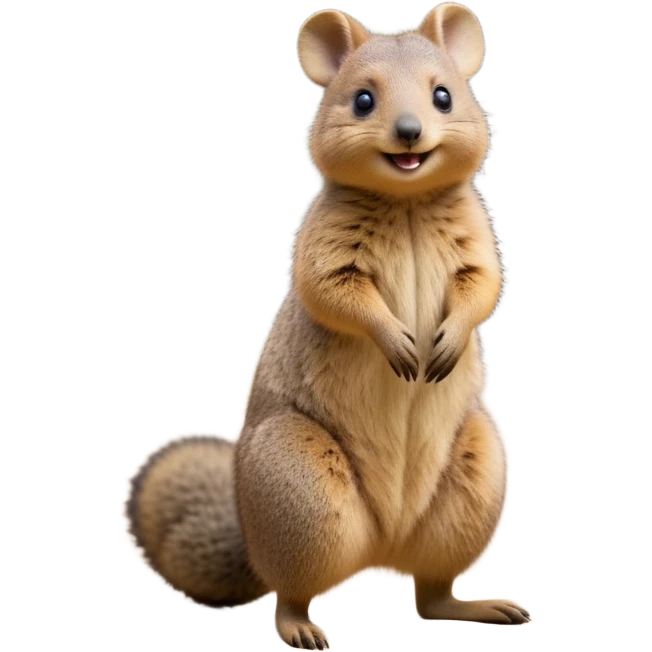 cinematic-quokka wallaby-realistic-full-body-standing on its hind legs hunched over-emoji,-small-round-frame-balanced-on-tiny-strong-hind-legs,giant fluffy cheeks large smile-fluffy-brown-fur-radiating-a-warm-softness,-big-round-eyes-filled-with-joy-and-innocence,-tiny-clawed-paws-held-close-to-chest,-cheerful-smile-exuding-endearing-happiness,-simplified-yet-realistic-focused-features,-highly-detailed,-glowing-with-a-sunny-warmth, skinny tail emoji