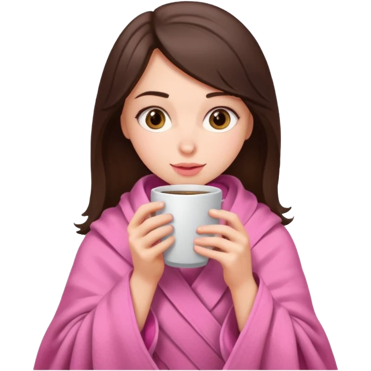 Brunette girl in pink blanket drinking coffee emoji